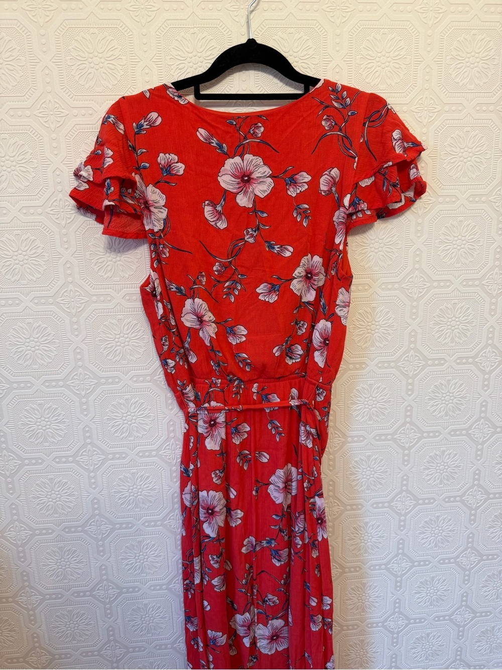 one clothing Pink Orange Floral Wrap Maxi Dress with Puff Sleeves Size M - Picture 6 of 8